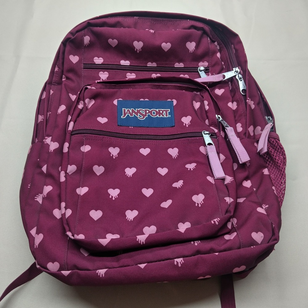 JanSport Big Student Backpack Burgundy Pink Dripping Hearts JS00TDN7